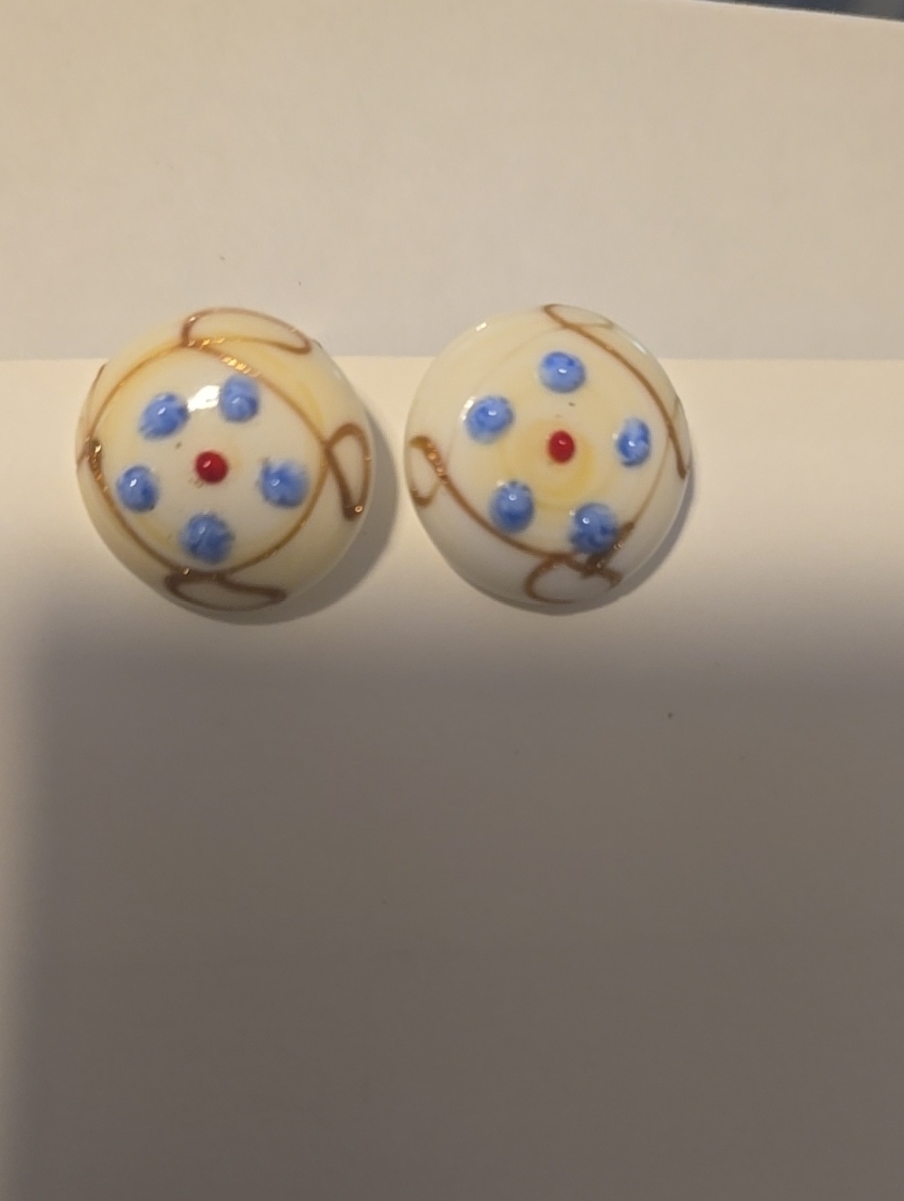 White Glass Button Earrings with Blue Dot Accents